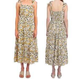 Social Standard by Sanctuary Tiered Yellow Floral Long Dress Smocked Back XL